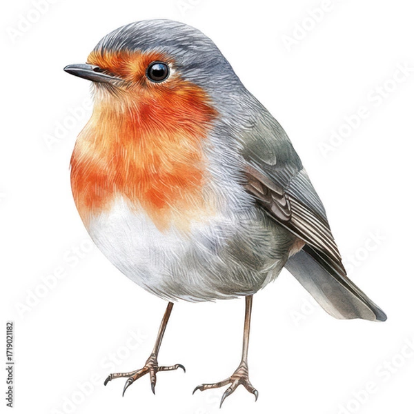 Obraz A beautifully detailed illustration of a robin perched gracefully. its orange and gray plumage. set against a simple white background. ideal for nature-themed projects