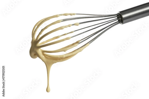 Obraz A metal whisk with creamy sauce dripping down, isolated on a transparent background. background removed