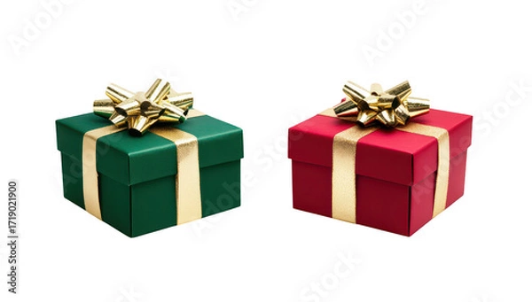Obraz Two beautifully wrapped gift boxes. one green with a gold ribbon and the other red with a gold bow. placed on a clean white background. ideal for holiday celebrations and gift-giving occasions