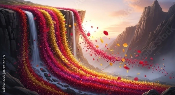 Fototapeta Colorful Floral Waterfall Cascading Down Cliffside with Floating Petals at Sunset