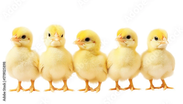 Obraz A charming lineup of five fluffy yellow chicks standing closely together against a clean white background. their adorable features and playful nature. ideal for animal-themed projects