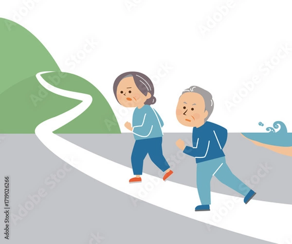 Obraz 津波　避難する人　イメージイラスト