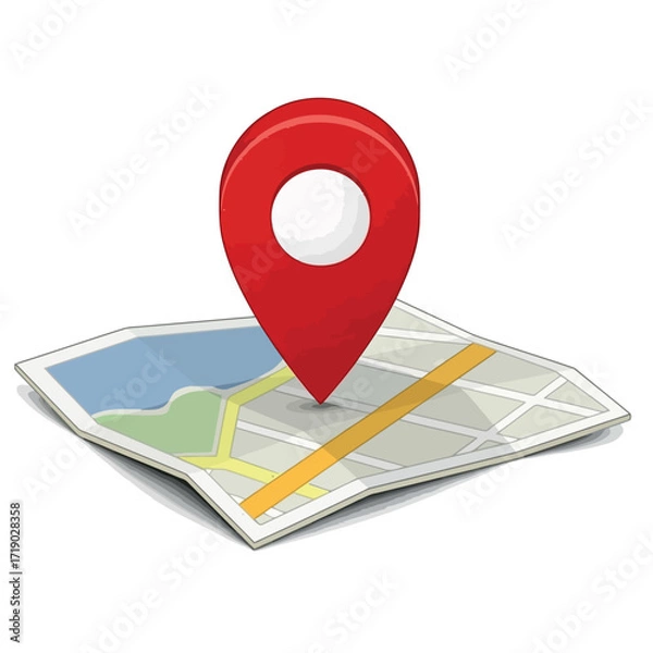 Fototapeta Vector illustration of red map pin on a folded map