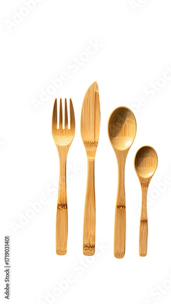 Fototapeta Four light-brown bamboo utensils?fork, knife, large spoon, small spoon?arranged vertically against a black background
