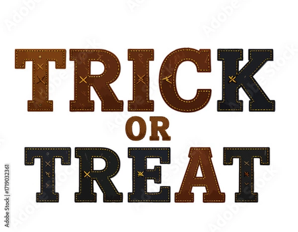 Fototapeta "Trick or Treat" text composed of stitched leather letters, isolated on white.