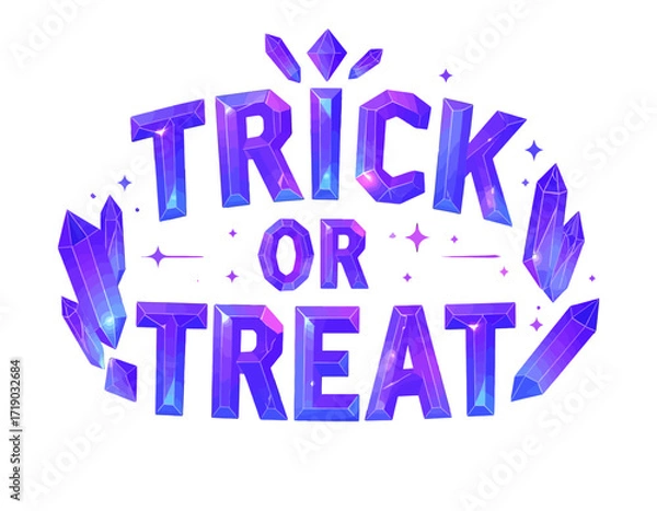 Fototapeta A vibrant graphic design featuring the Halloween phrase "Trick or Treat" in stylized, purple, crystal-like letters, surrounded by decorative crystals.