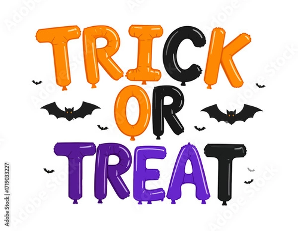 Fototapeta Halloween themed graphic design with "Trick or Treat" written in colorful balloons and bats.
