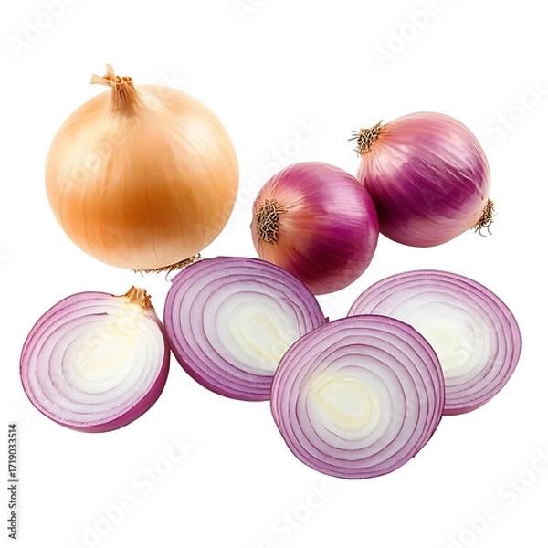 Fototapeta Fresh raw onions, whole, halved, and sliced, is Photorealistic image isolated on background (PNG)