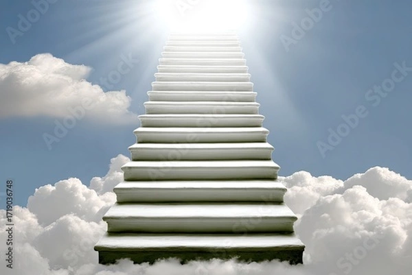 Obraz White stairway leading upward to bright light, amongst fluffy clouds and a clear sky
