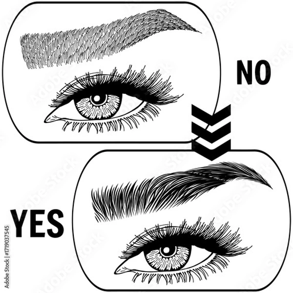 Fototapeta Illustration with woman's eyes, eyelashes and eyebrows. Makeup Look. Tattoo design. Logo for brow bar or lash salon. Wrong and right coloring care. Set of well-groomed and shaggy eyebrows.