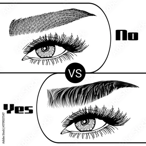 Fototapeta Illustration with woman's eyes, eyelashes and eyebrows. Makeup Look. Tattoo design. Logo for brow bar or lash salon. Wrong and right coloring care. Set of well-groomed and shaggy eyebrows.