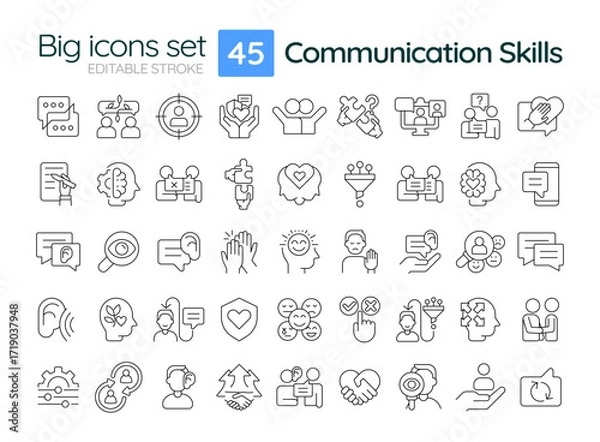 Fototapeta Communication skills line icons set. Body language. Partnership, relationships. Emotional connection. Isolated vector outline illustrations. Thin lineart iconset symbols. Editable stroke