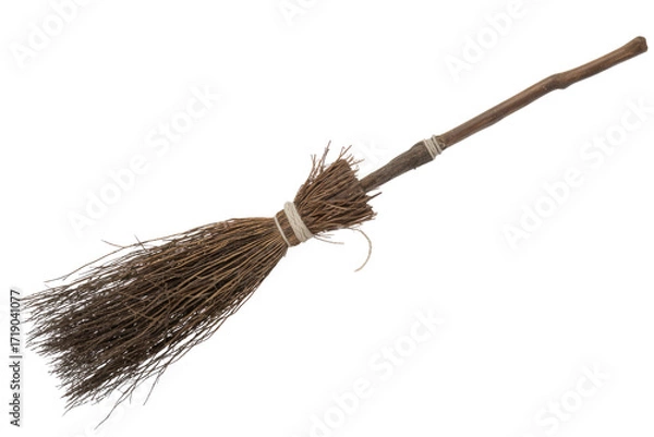 Obraz A rustic, twig broom with a wooden handle, isolated on a transparent background. background removed