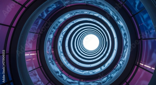 Obraz Modern Spiral Staircase with Blue and Purple Lighting in a Stylish Building