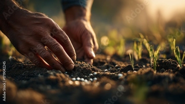 Fototapeta Close-up of adult hands planting seeds in fertile soil at dawn, warm light on earth and hands, green sprouts in background, realistic artistic farming photography