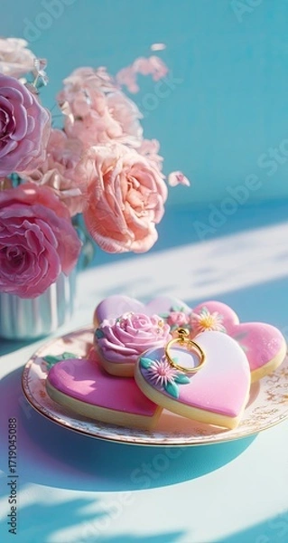 Fototapeta Pastel pink heart-shaped cookies with delicate floral icing detail rest on a plate beside a vase of pink roses, bathed in soft sunlight