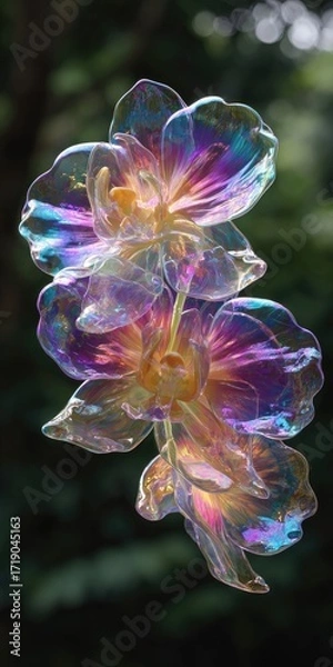 Fototapeta Iridescent orchid-like blossoms, seemingly formed from soap bubbles, hang against a blurred dark background