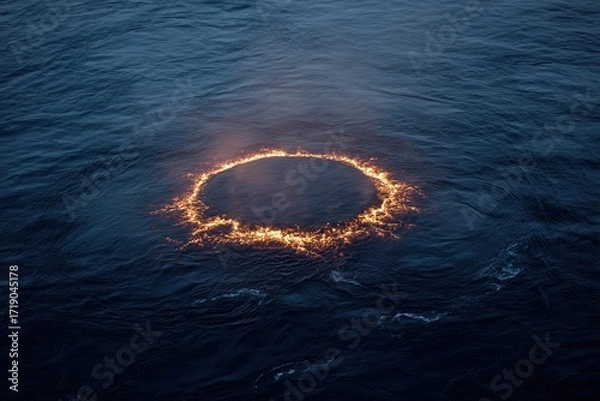 Fototapeta A fiery ring floats on dark water, emitting smoke and light, creating a surreal, ethereal scene