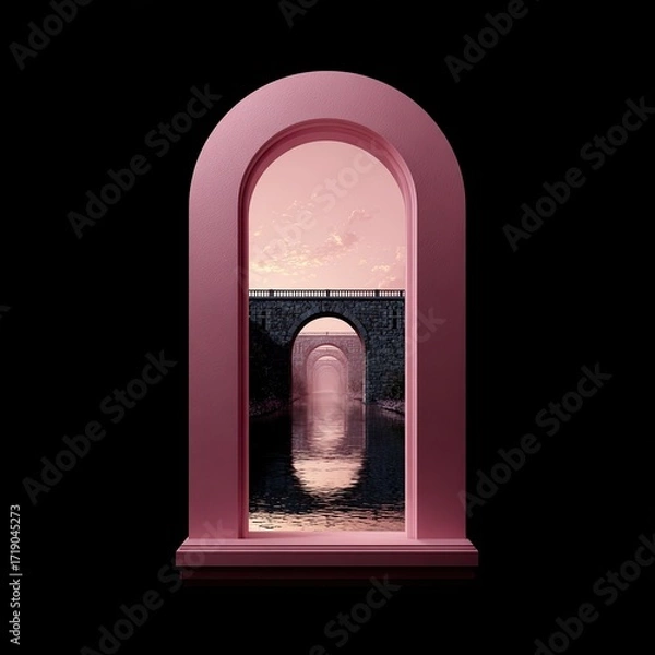 Obraz A dusky rose arched window frame displays a serene scene of a stone bridge spanning a calm, misty river at sunset