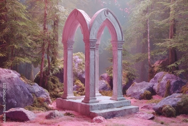 Fototapeta Pastel pink forest with double arched stone structure, mossy rocks, and ethereal mist