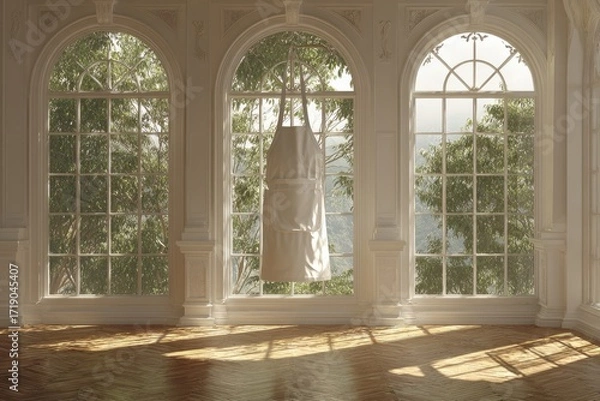 Fototapeta A white apron hangs in a sunlit, ornate white room with arched windows overlooking lush greenery