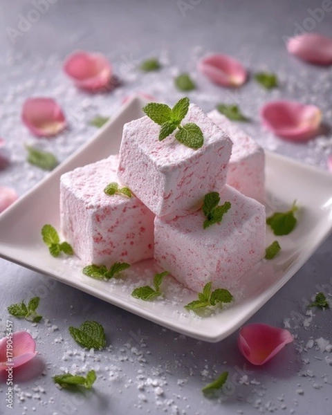 Fototapeta Delicate pink marshmallows, dusted with sugar, garnished with mint, rest on a square white plate, surrounded by rose petals on a grey background