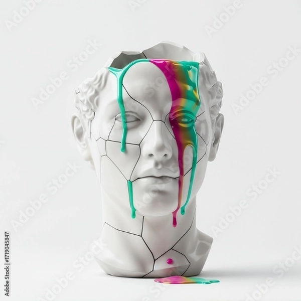 Fototapeta  Surreal Cracked Marble Statue Head Overflowing with Vibrant Colorful Fluid Art