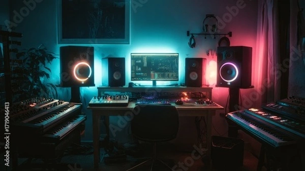 Fototapeta Dark and moody studio with glowing RGB lights highlighting studio monitors, synthesizers, and headphones, perfect modern producer aesthetic