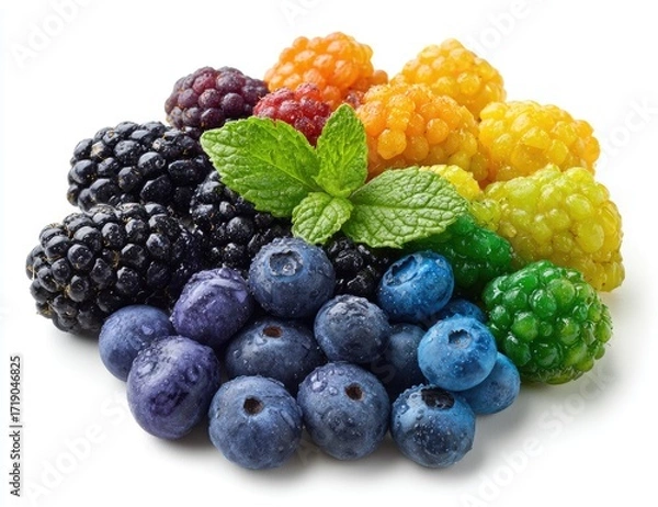 Fototapeta A vibrant arrangement of multicolored berries, including blackberries, blueberries, and various shades of yellow and orange raspberries, garnished with fresh mint leaves
