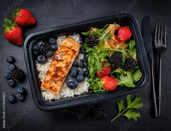 Fototapeta Grilled salmon with rice and a mixed berry salad in a black plastic container, garnished with parsley, alongside fresh berries and black cutlery on a dark surface
