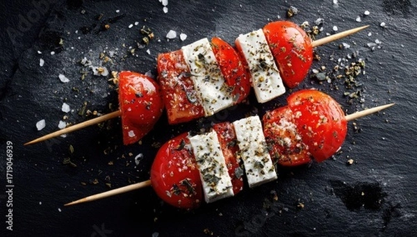 Obraz Two skewers of feta cheese and cherry tomatoes, seasoned with herbs and salt, rest on a dark slate surface