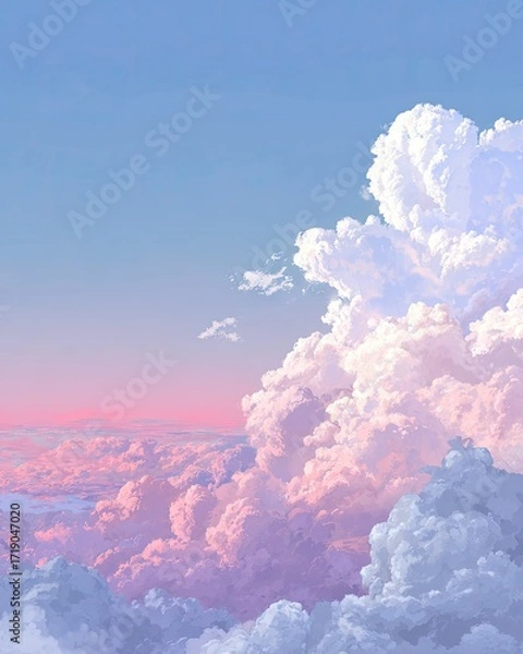Fototapeta Pastel pink and blue sky with fluffy cumulus clouds at sunset, viewed from above the cloud layer