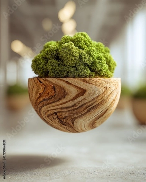 Fototapeta A vibrant green moss sphere nestled in a swirling, light brown wooden bowl, seemingly floating above a grey surface in a blurred, airy background