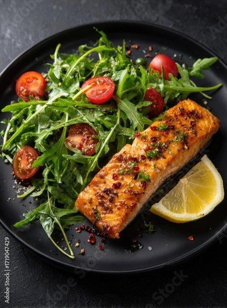 Obraz Pan-seared salmon fillet served with a vibrant arugula salad featuring halved cherry tomatoes and a lemon wedge, plated on a dark surface