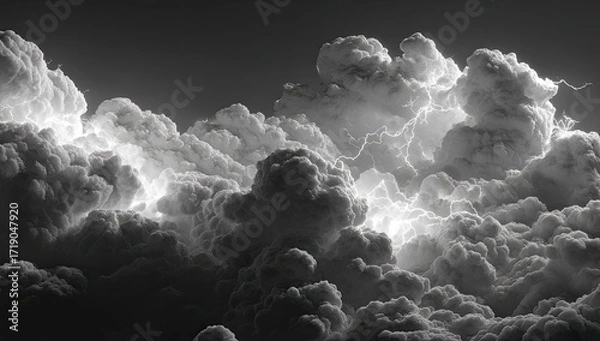 Obraz A dramatic black and white image of a stormy sky, filled with dark, brooding clouds illuminated by intense, jagged lightning bolts