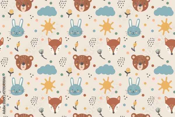 Fototapeta Cute forest animals, seamless pattern for babies. Fox, bear, hare, berries, clouds and sun in pastel colors on beige background. Hand drawing.