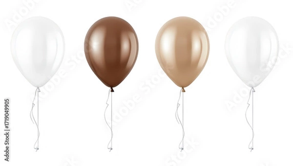 Obraz A group of four glossy balloons in varying colors including white. brown. and beige. floating against a clean white background. perfect for celebrations. parties. or decorative themes