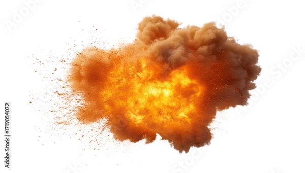 Obraz A dramatic explosion of orange and yellow flames surrounded by a cloud of brown smoke. capturing the intensity of a fiery blast in a white background. ideal for action or disaster-themed visuals