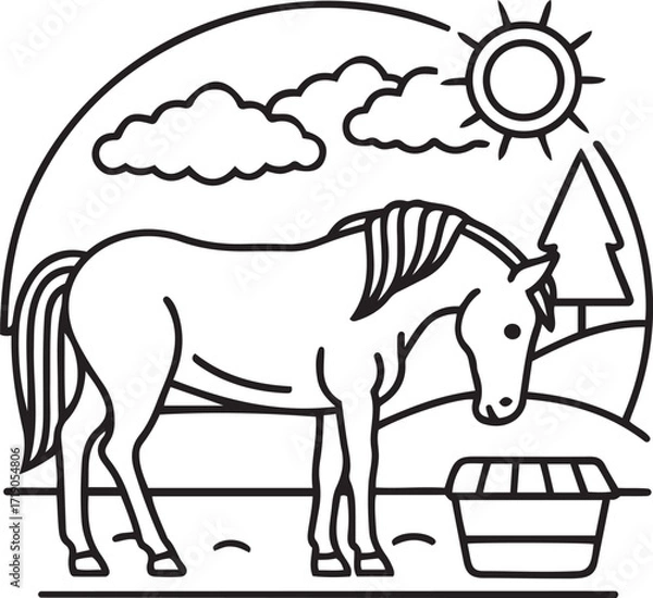 Fototapeta Line art vector illustration of a serene horse drinking water, Horse Drinking or eating vector art use of coloring book, poster, website, logo, graphics design, clothing item and more, Stylish vector 