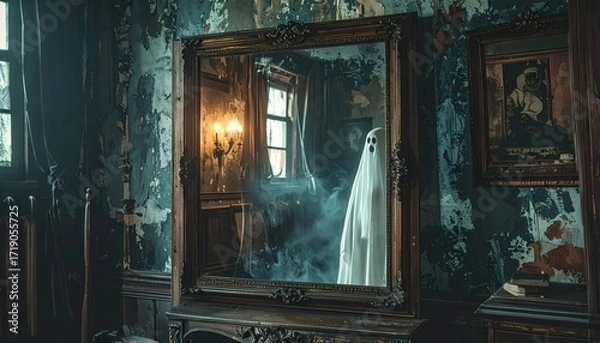 Fototapeta Ghost apparition appearing in mirror in old haunted house at night for Halloween