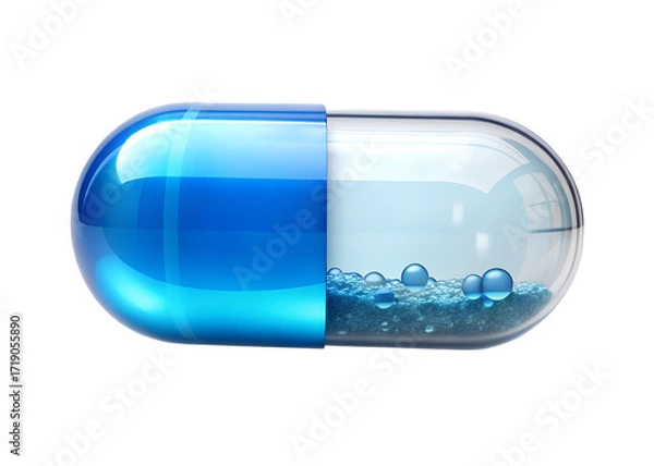 Obraz suspended glossy capsule half filled with blue water png image on transparent background