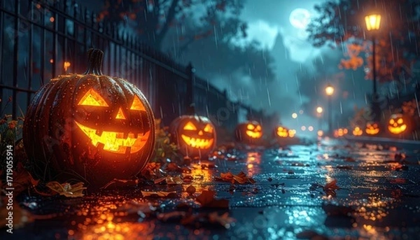 Fototapeta Jack o lanterns pumpkins on street in rainy night for Halloween celebration season
