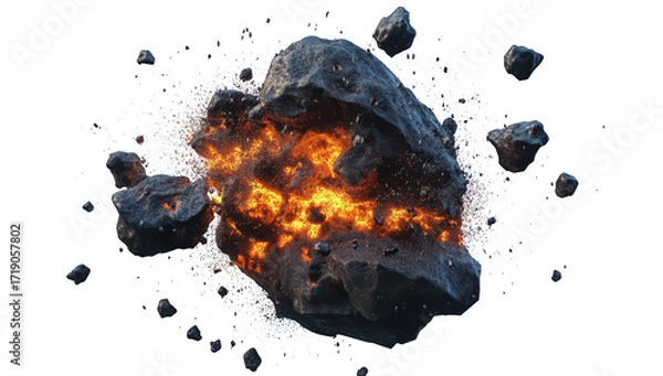 Obraz A dramatic explosion of a rocky asteroid. surrounded by fiery sparks and debris. set against a clean white background. ideal for illustrating cosmic events or space-themed projects