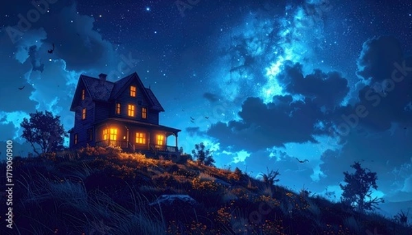 Fototapeta Haunted house at night under starry sky with bats in flight on Halloween