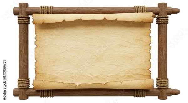 Fototapeta Ancient Parchment Scroll with Wooden Frame and Rope Ties, Vintage Old Paper Texture Template Isolated on White Background