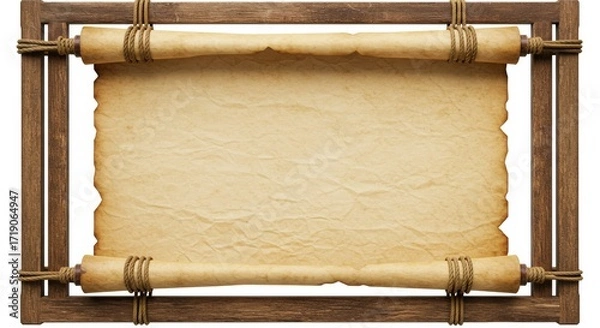 Fototapeta Ancient Parchment Scroll with Wooden Frame and Rope Ties, Vintage Old Paper Texture Template Isolated on White Background