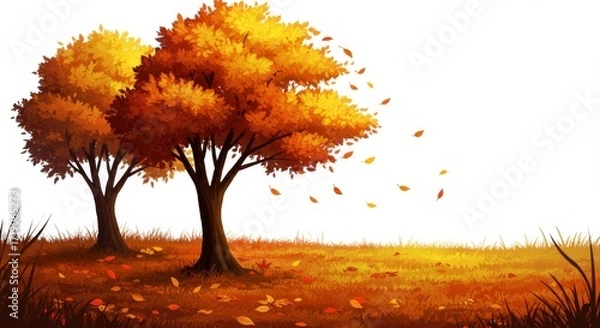 Fototapeta Autumn Tree Illustration with Falling Leaves Blowing in the Wind on White Background, Seasonal Nature Concept Design