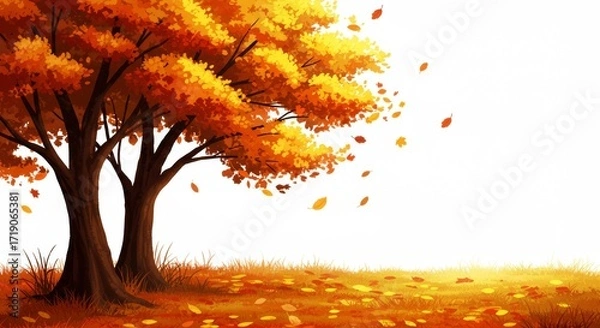 Fototapeta Autumn Tree Illustration with Falling Leaves Blowing in the Wind on White Background, Seasonal Nature Concept Design