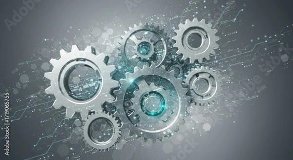 Fototapeta Futuristic Technology Gears with Digital Circuit Abstract Background, Innovation and Engineering Concept Design