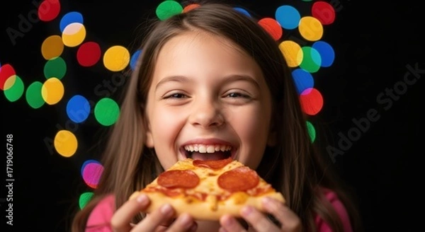 Fototapeta Happy Girl Holding Slice of Pizza with Colorful Lights Background